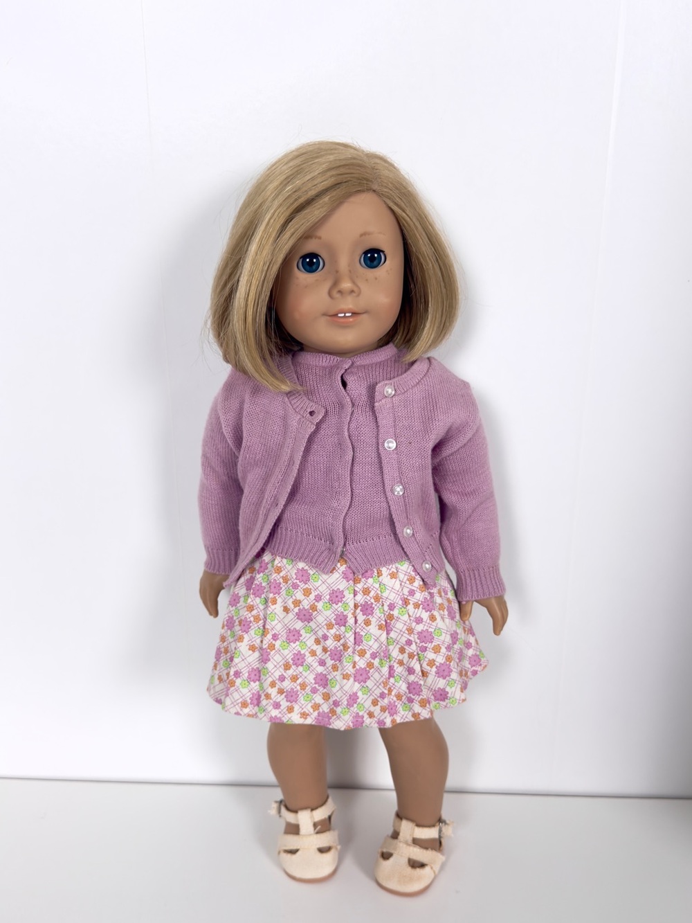 American Girl Lilac Cardigan Set with Floral Pleated Skirt